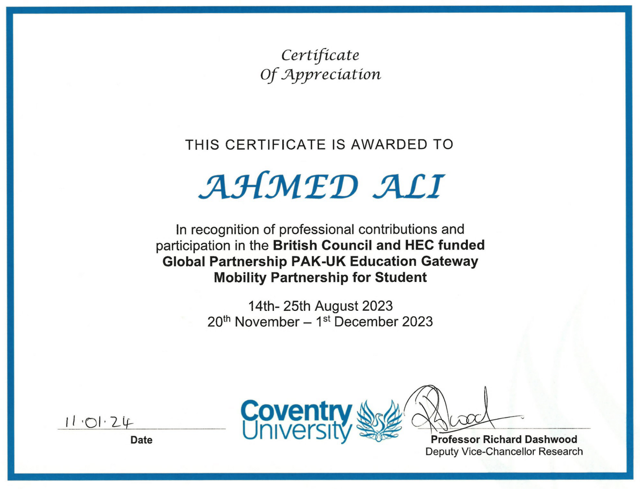 Ahmed Ali Certificate - CU